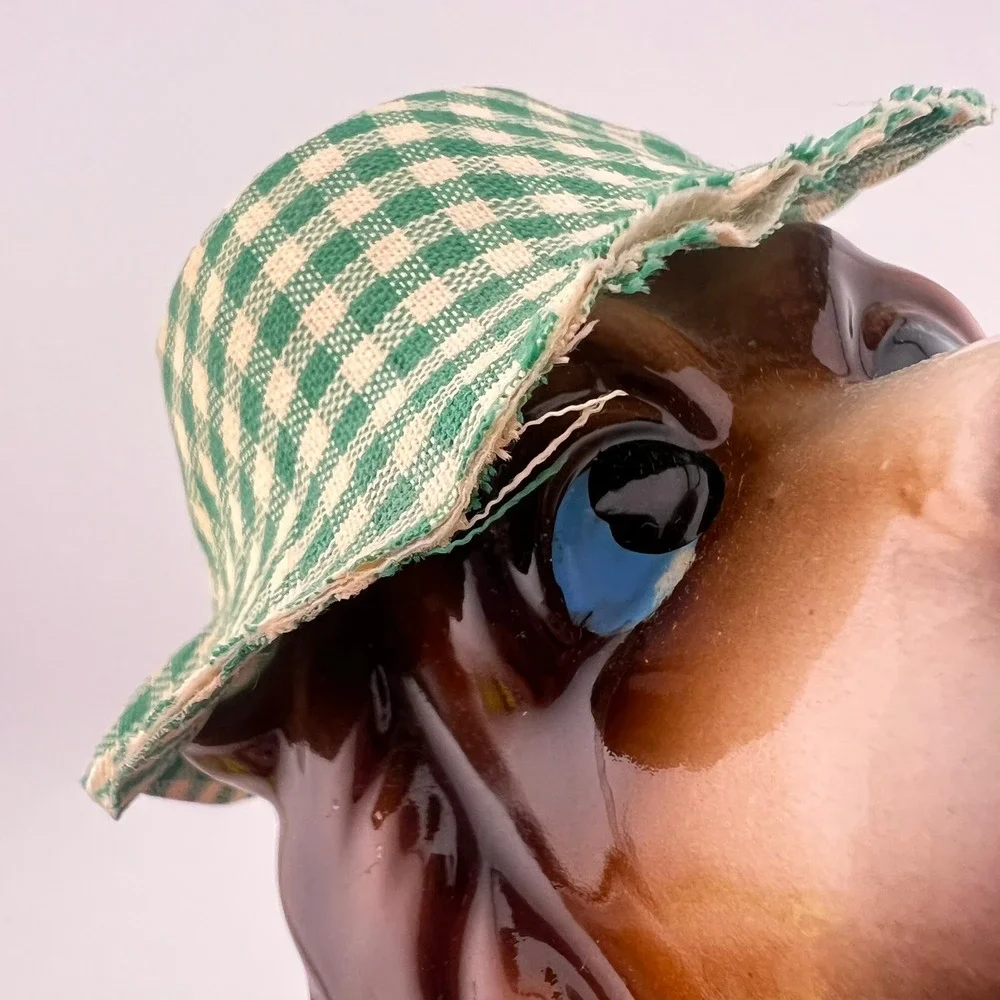 Vintage Big Eye Dog Figurine‎ With Cloth Hat Pipe Kitsch Decor Puppy 7.50